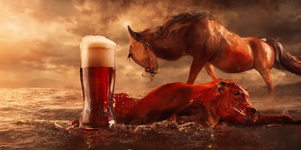 Prompt: red horse beer, advertisement, realistic 4 k octane beautifully detailed render, 4 k post - processing, highly detailed, intricate complexity, epic composition, magical atmosphere, cinematic lighting, masterpiece, ultra hd