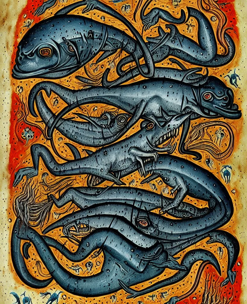 Prompt: medieval bestiary of wild repressed emotional creatures found in the deep sea of unconscious of the psyche, painted by ronny khalil