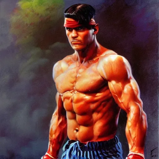 Prompt: ultra realistic painting of forest gump as ryu from street fighter, art by frank frazetta, 4 k, ultra realistic, highly detailed, epic lighting