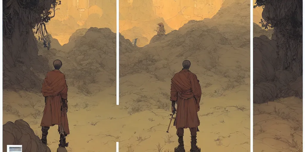 Image similar to portrait of the back of a monk, standing, Borderlands and by Feng Zhu and Loish and Laurie Greasley, Victo Ngai, Andreas Rocha, John Harris