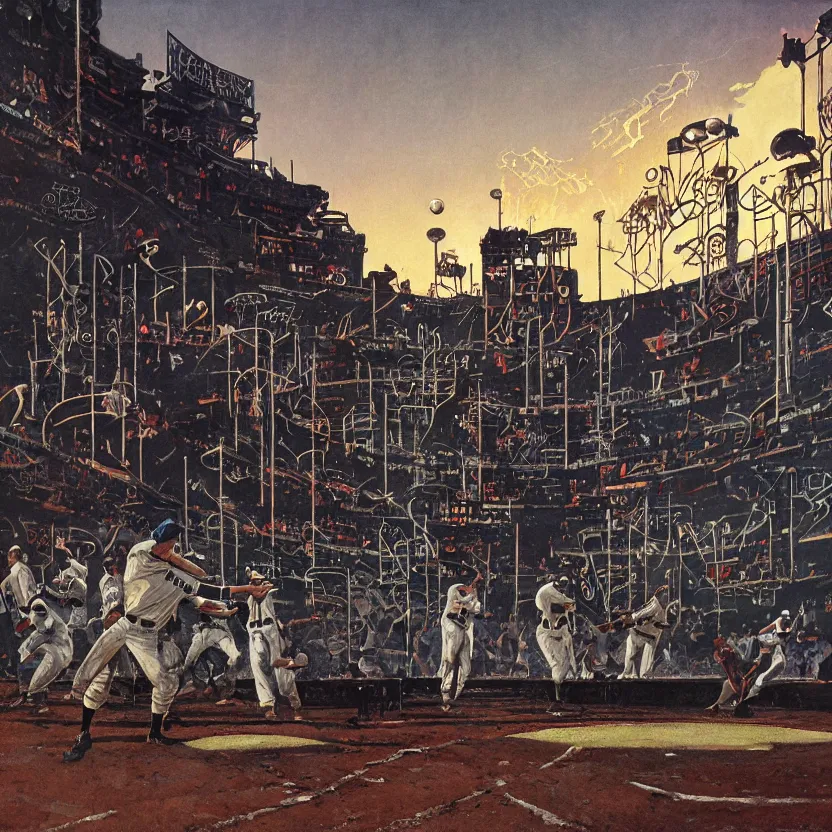 Image similar to a baseball field with ancient monoliths with glowing runes. highly detailed science fiction painting by daniel romanovsky, norman rockwell, syd mead. rich colors, high contrast, gloomy atmosphere, dark background.