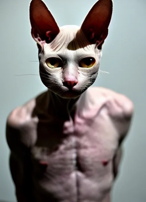 Image similar to bipedal hairless cat, pale man with the head of a cat, bald, smooth, silky, stunning, stealthy, cunning