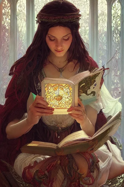 Prompt: beautiful natural renaissance gypsy reading the tarot, intricate, elegant, highly detailed, digital painting, artstation, concept art, smooth, sharp focus, illustration, art by artgerm and greg rutkowski and alphonse mucha