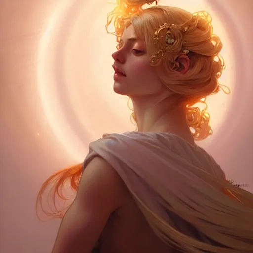 Prompt: A girl with blonde hair and glowing halo, spiritual, ethereal, dramatic lighting, fantasy, intricate, elegant, highly detailed, digital painting, artstation, concept art, smooth, sharp focus, illustration, art by Krenz Cushart and Artem Demura and alphonse mucha