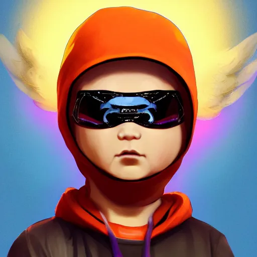 Image similar to baby Angel, baby cherub,wearing angel halo, ski mask, balaclava, face covered, wearing angel halo covered face, orange hoodie, hip hop, multiple golden necklaces, fantasy art apex fortnite Video game icon, 2d game art gta5 cover , official fanart behance hd artstation by Jesper Ejsing, by RHADS, Makoto Shinkai and Lois van baarle, ilya kuvshinov, rossdraws