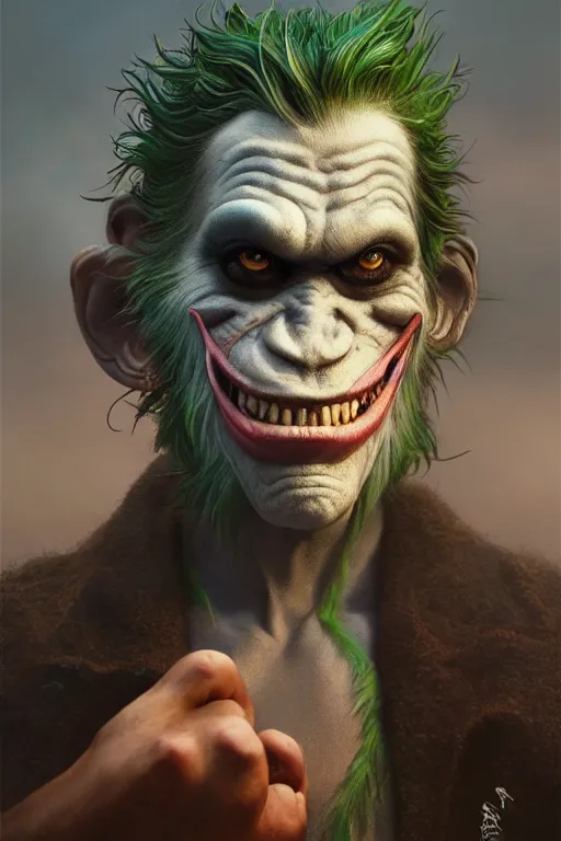 Image similar to miniature joker ape kid, realistic and ultra intricate detailed soft painting, volumetric lighting, mist, cityscape background, Artstation, Tom Bagshaw Yasushi Nirasawa Moebius artstyle, unreal render, depth of field,