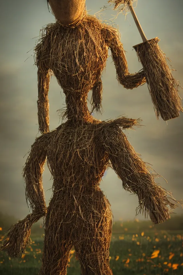 Image similar to beautiful close - up intimate portrait of a big wooden scarecrow, floating particles, sparks, made of wood, octane render, holding a very shiny metallic aluminium rustic axe, bokeh, soft focus, f 1. 8, unreal engine, particles, raytracing