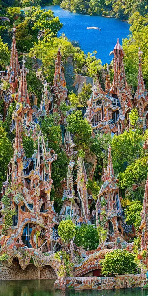 Image similar to valley village on the lake, waterfalls, flowers and intricate detailed visionary architecture and gardens by antoni gaudi, john stephens, alex gray