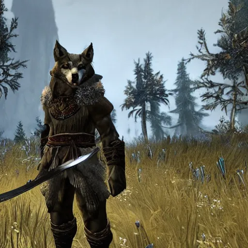 Prompt: furry anthro digital video game screenshot of an anthropomorphic wolf holding a large sword medieval guard wearing a set of armor standing in the forest in background in the The Elder Scrolls V: Skyrim