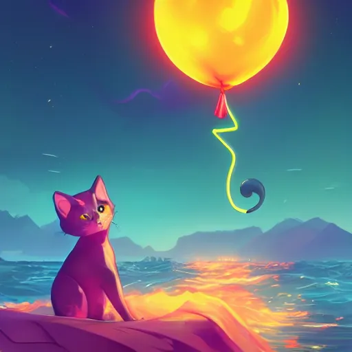 Prompt: a cat with a neon balloon in the ocean | hyperrealistic digital painting by makoto shinkai, ilya kuvshinov, lois van baarle, rossdraws | afrofuturism in the style of hearthstone and overwatch, trending on artstation