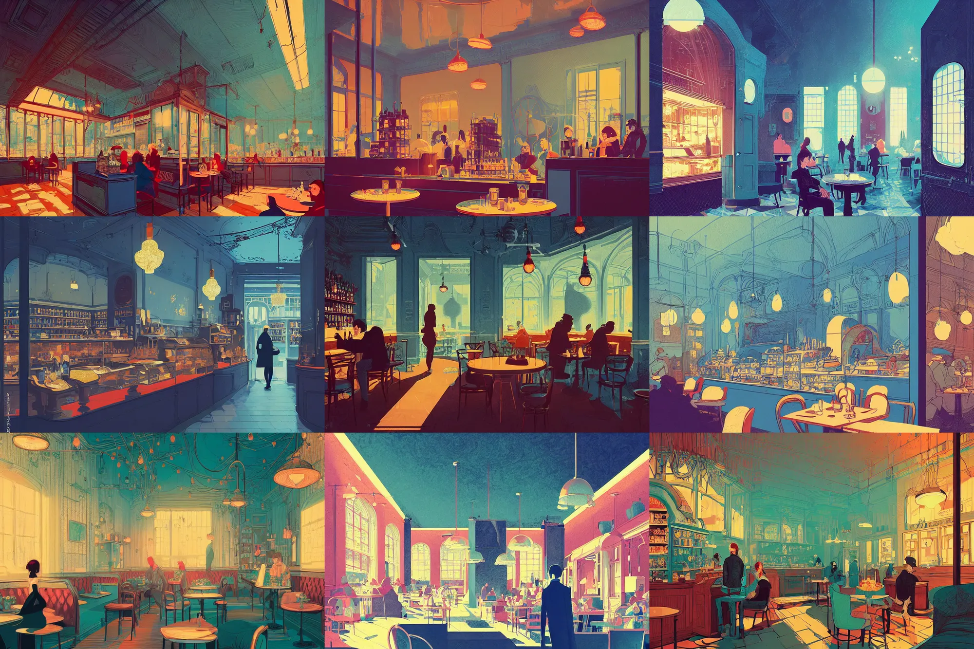 Prompt: illustrated portrait of a victorian cafe interior, colorful, ( ( mads berg ) ), christopher balaskas, ( ( victo ngai ) ), rich texture, detailed, dynamic composition, wide angle, blue filter, ( ( stippled gradients ) )