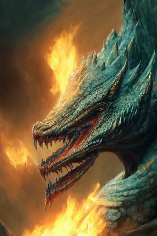 Prompt: close-up portrait film still, beautiful dragon with wet skin in a pit of fire, treasures of gold, trending on artstation, blizzard concept artists, Frank frazetta, Arthur Rackham, peter mohrbacher, Boris Vallejo, cinematic, hyper realism, high detail, octane render, high contrast, vibrant, trending on artstation, 8k