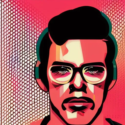 Prompt: a closeup of a man in retro colors, synthwave style, 2 d digital vector art