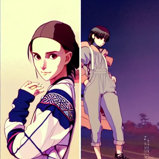 Image similar to a beautiful! boyish! natalie portman alluring gravure! model, wearing oversized mayan bomber jacket and leotard with overalls, bulky poofy bomber jacket with mayan patterns, aztec street fashion, trending on pixiv, painted by greg rutkowski makoto shinkai takashi takeuchi studio ghibli, akihiko yoshida