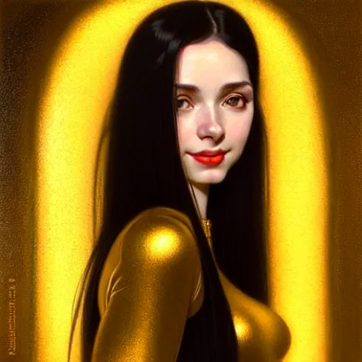 Image similar to portrait of a smiling, beautiful, pale skin eastern european female with long black hair, dark brown eyes, elegant clothing, photorealistic, highly detailed, artstation, smooth, sharp focus, gold ornaments, neon lighting, sci - fi, art by gustav klimt, artgerm, greg rutkowski and alphonse mucha