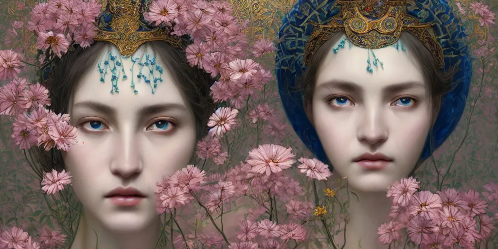 Image similar to breathtaking detailed concept art painting portrait of the goddess of nemophila flowers, orthodox saint, with anxious piercing eyes, ornate background, amalgamation of leaves and flowers, by hsiao - ron cheng, extremely moody lighting, 8 k