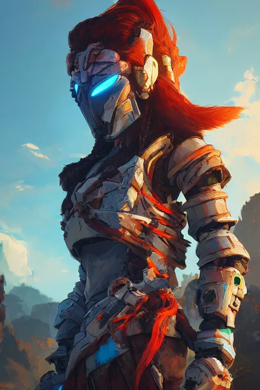 Image similar to combination suit armor aloy horizon forbidden west horizon zero dawn radiating a glowing aura global illumination ray tracing hdr fanart arstation by ian pesty and alena aenami artworks in 4 k tribal robot ninja mask helmet backpack