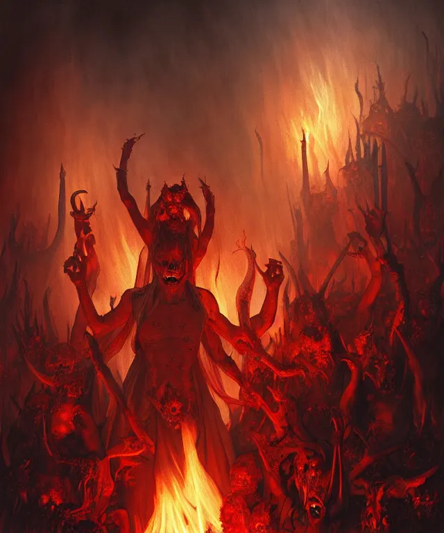 Image similar to Purgatory, fire in hell. A crowd of sinful people is burning in hell in hellfire. The gateway to the infernal underworld. Devils demons and ghouls torment sinful people, highly detailed, digital painting, artstation, concept art, smooth, sharp focus, illustration, art by artgerm and greg rutkowski and alphonse mucha