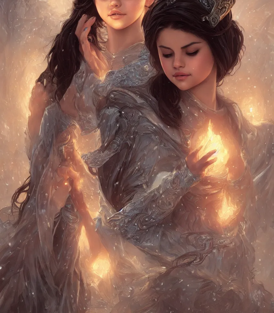 Image similar to Selena Gomez casting an frost spell, D&D, fantasy, intricate, elegant, highly detailed, digital painting, artstation, concept art, matte, sharp focus, illustration, hearthstone, art by Artgerm and Greg Rutkowski and Alphonse Mucha