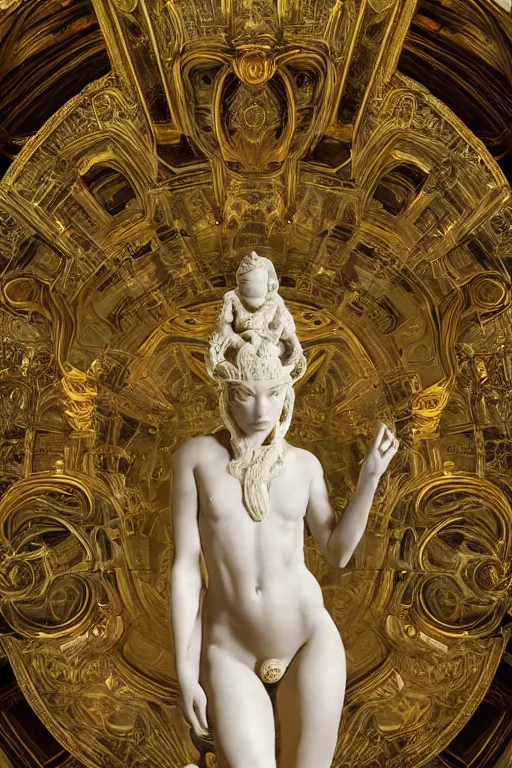 Prompt: marble sculpture depicting a woman programming the samsara holy cluster, hi tech, sci fi, cybernetic, dramatic lighting, digital photography, stunning, visionary, hyper realistic, beautiful, wow, gilt metal, rich marbles, by gian lorenzo bernini, by brecht evens, by jean delville, beautiful render, ultra detailed, sharp, 8 k