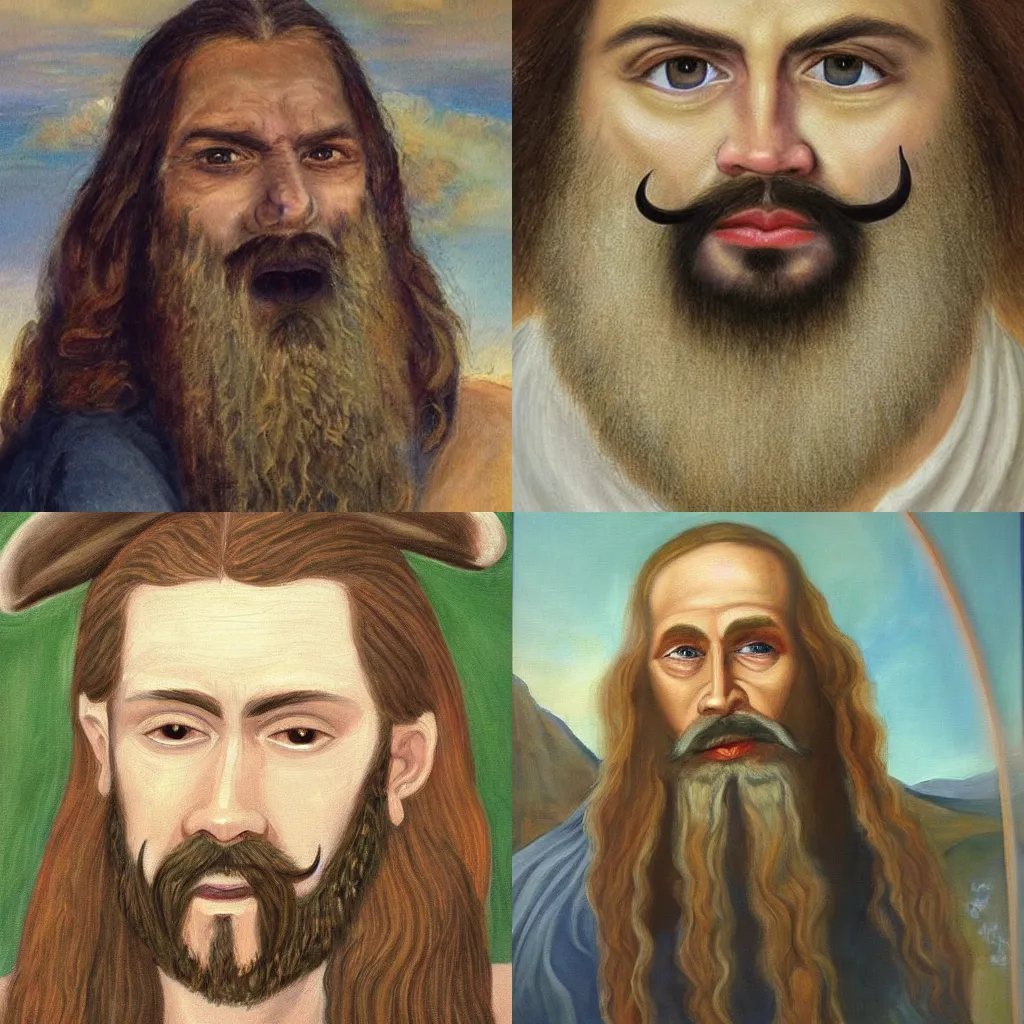 Prompt: a beautiful masterpiece painting of Satan with extremely long facial hair