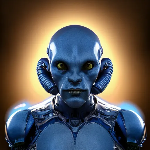 Image similar to portrait of an alien soldier, renaissance style, star wars character, blue skin, volumetric lights, symmetry, headpiece, trending on artstation, sharp focus, leica, studio photo, intricate details, highly detailed