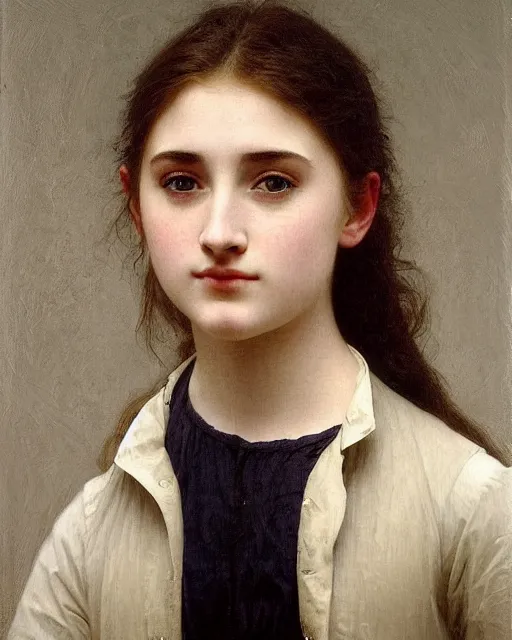 Image similar to a 16-year old girl who resembles Ana de Armas and Saoirse Ronan, wearing a transparent raincoat, detailed oil painting by William Adolphe Bouguereau