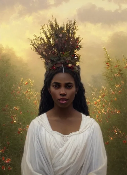 Prompt: oil painting close up portrait of a serene young black woman with long dark flowing hair in a white dress, wearing a crown of wildflowers!! at sunset, hazy, digital art, chiaroscuro, artstation, cinematic, golden hour, digital art painting by greg rutkowski, william - adolphe bouguereau, hazy atmosphere, cinematic lighting