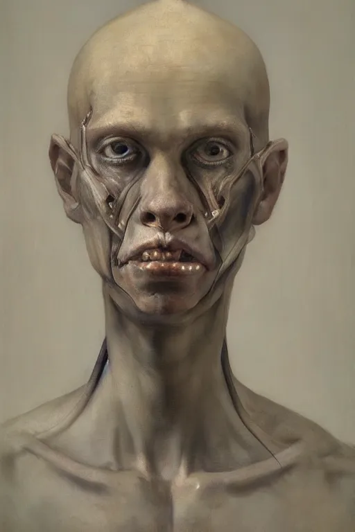 Prompt: beautiful clean oil painting biomechanical portrait of young man face by borremans, wayne barlowe, rembrandt, complex, stunning, realistic, skin color