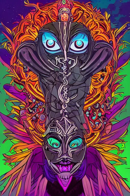 Image similar to sacred majora's mask tribal feather gemstone plant wood rock shaman vodoo video game vector illustration vivid color borderlands by josan gonzales and dan mumford radiating a glowing aura