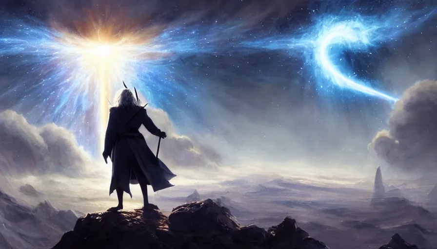 Prompt: a beautiful painting of gandalf watching a supernova in the sky of an alien world, ray traced lighting by jean kalin popov and greg rutkowski