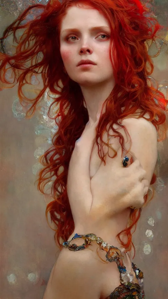 Image similar to a highly detailed beautiful red haired woman, adorned with precious stones, intricate by jeremy mann and alphonse mucha, 8 k resolution, trending on artstation, very very detailed, masterpiece, stunning,