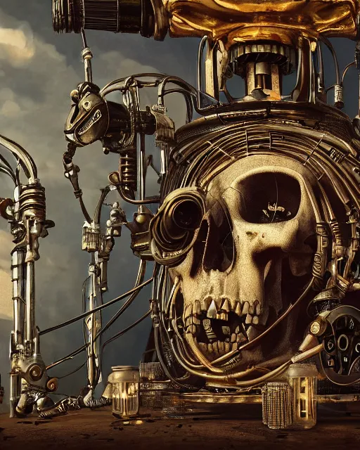 Image similar to beautiful strange detailed painting 8k resolution A steampunk skull with tubes wires and Dieselpunk scene by Paul Delvaux rendered in octane 8k