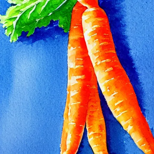 Image similar to A watercolor painting of a single carrot with a blue background, ultra high detail, 8k, 16:9.