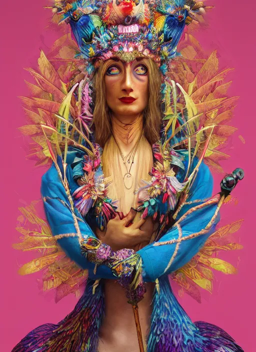 Prompt: an anthropomorphic beautiful goddess female wizard made of colourful bird portrait holding a staff wearing colourful robe, fine art, award winning, intricate, elegant, sharp focus, octane render, hyperrealistic, cinematic lighting, highly detailed, digital painting, 8 k concept art, art by jamie hewlett and z. w. gu, masterpiece, trending on artstation, 8 k