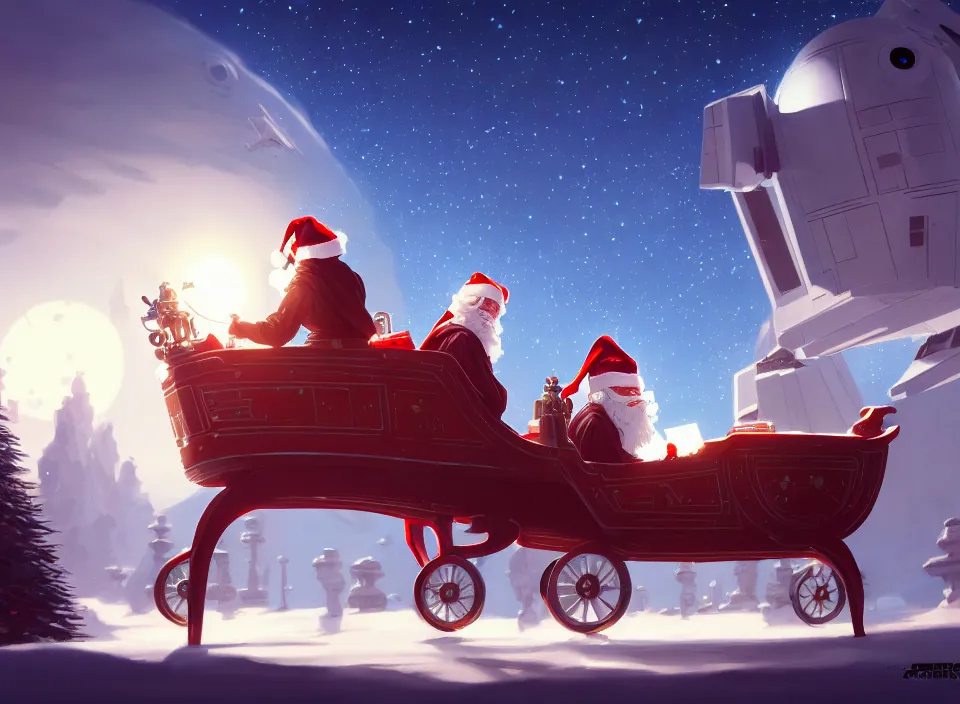 Prompt: extremely detailed concept art of a star wars santa sleigh by makoto shinkai and lois van baarle, ilya kuvshinov, rossdraws, global illumination, octane render, digital art, trending on artstation, sharp focus, 4 k