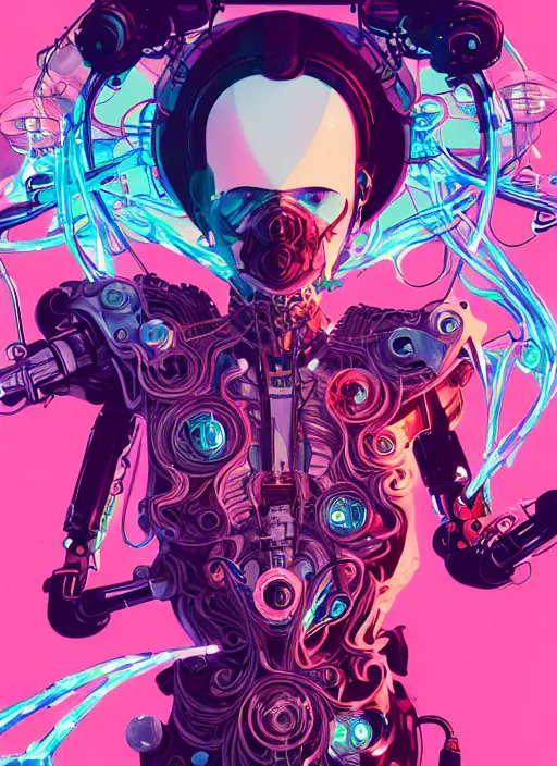 Image similar to character design, cyberpunk nezha resurrected in mechanical lotus, concert poster retro, conrad roset, greg rutkowski, flume cover art