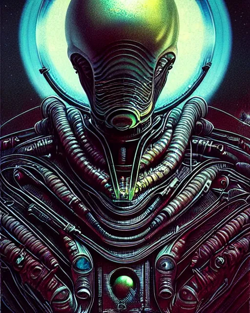 Image similar to alien, character portrait, portrait, close up, concept art, intricate details, highly detailed, vintage sci - fi poster, retro future, vintage sci - fi art, in the style of chris foss, rodger dean, moebius, michael whelan, and gustave dore