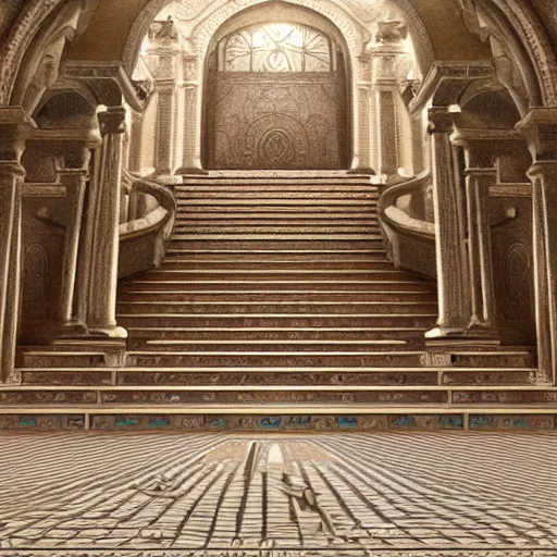 Image similar to fine concept art of a scene representation inspired by the song Hall of the Stairs / Hall of the Mosaics by Andreas Vollenweider, highly realistic and detailed, intricate, photorealistic, cinematic lighting