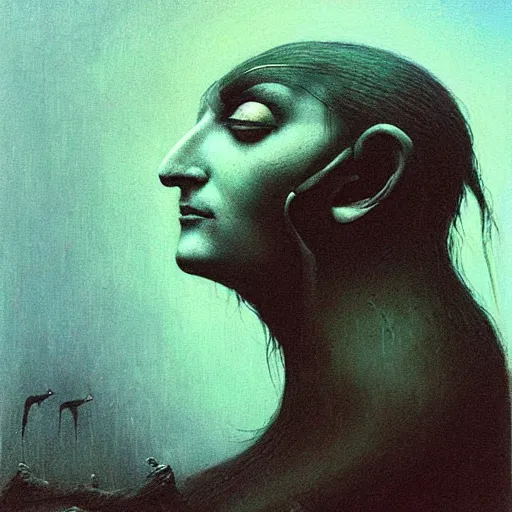 Prompt: portrait painting of raven girl by Beksinski