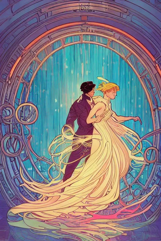 Prompt: a man and women in love, flowing book pages, romantic, glowing neon, infinite library, elegant intricate digital painting artstation concept art smooth sharp focus illustration, art by josan gonzales and alphonse mucha