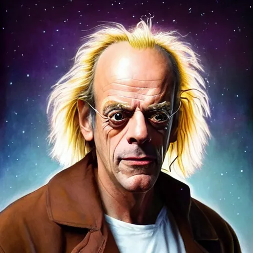 Prompt: portrait of Christopher Lloyd as Doc Brown eating a giant hamburger , extra onions and ketchup, luscious patty with sesame seeds, feminine ethereal, handsome, D&D, fantasy, intricate, elegant, highly detailed, digital painting, artstation, concept art, matte, sharp focus, illustration, art by Artgerm and Greg Rutkowski and Alphonse Mucha