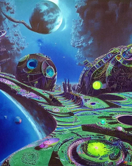 Image similar to rave party on a blue planet by roger dean, biomechanical, 4 k, hyper detailed