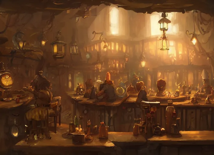 Image similar to A gnomish steampunk tavern, by Greg Rutkowski and James Gurney, trending on Artstation