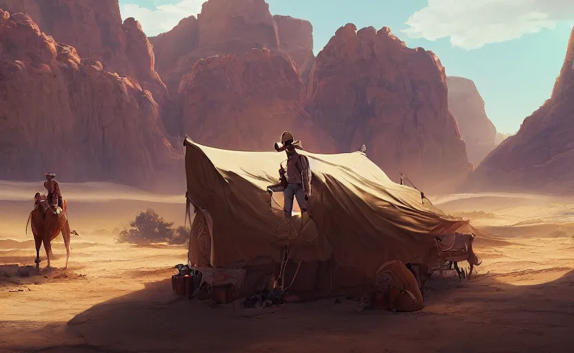 Image similar to a scene of a camper in the desert, a cowboy in the foreground looking epic, full shot, atmospheric lighting, detailed faces, by makoto shinkai, stanley artgerm lau, wlop, rossdraws