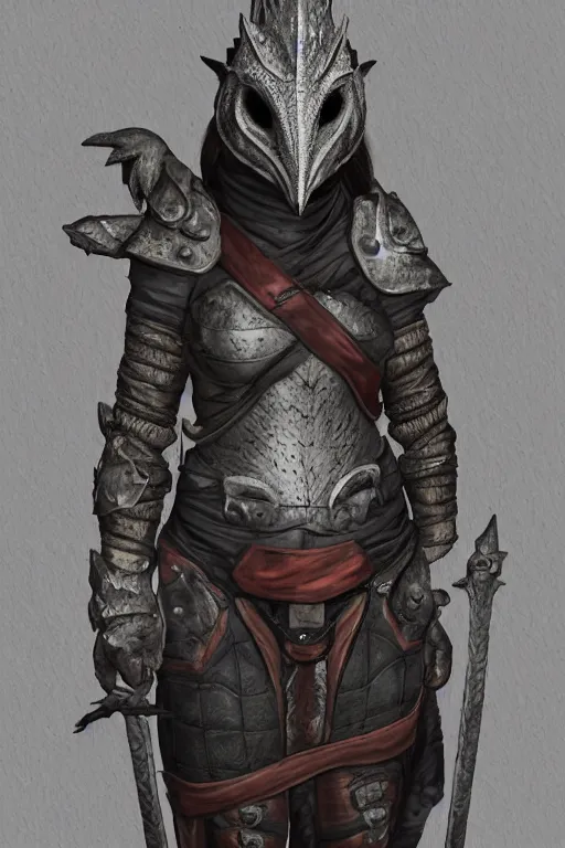 Prompt: female adventurer in tight full - body leather armor of argonian design with white porcelain crow mask, trending in artstation, establishing shot