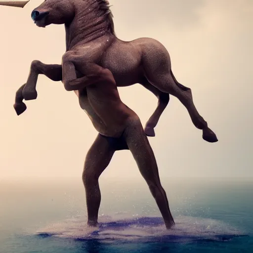 Prompt: Vladimir Putin rides a unicorn, shirtless, photorealistic, highly detailed, trending in artstation, octane render, Martin Schoeller