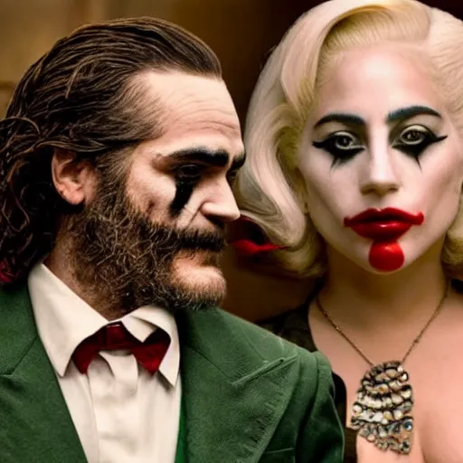 Image similar to ultra realistic candid photograph from joaquin phoenix with lady gaga in new joker movie footage's, intricate details, face details, proportional body details, full medium shot, paparazi shot