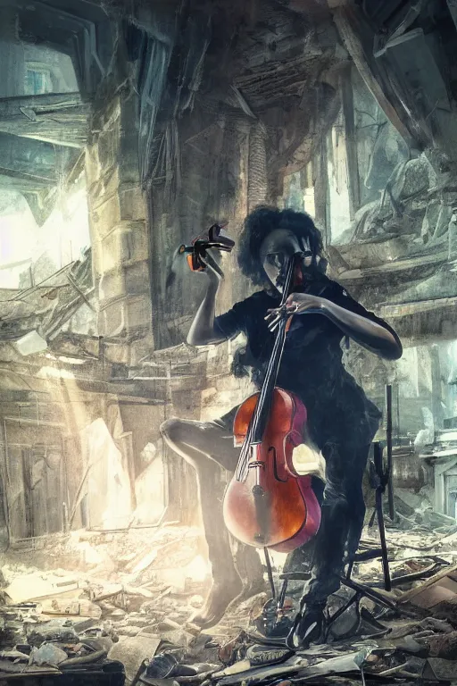 Image similar to a portrait of a cellist playing in the rubble of a fallen building, beautifully lit, slightly surreal, concept art, sharp focus, artstation