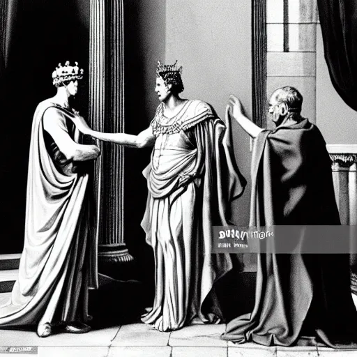 Image similar to detailed black and white photo of queen elizabeth ii meeting julius caesar in ancient rome